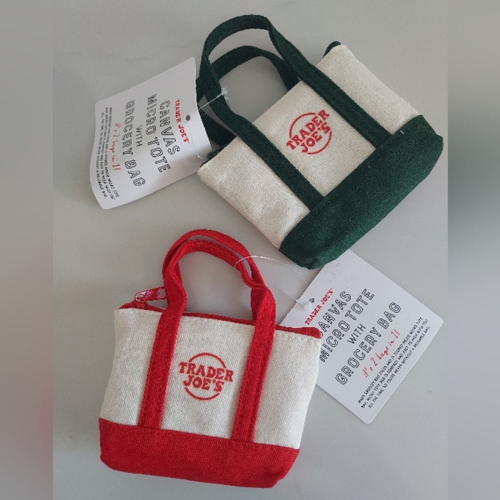 Trader Joe's Canvas Micro Mini Tote Bag w/ Grocery Bag 2 In 1 Lot Of 2 Red Green